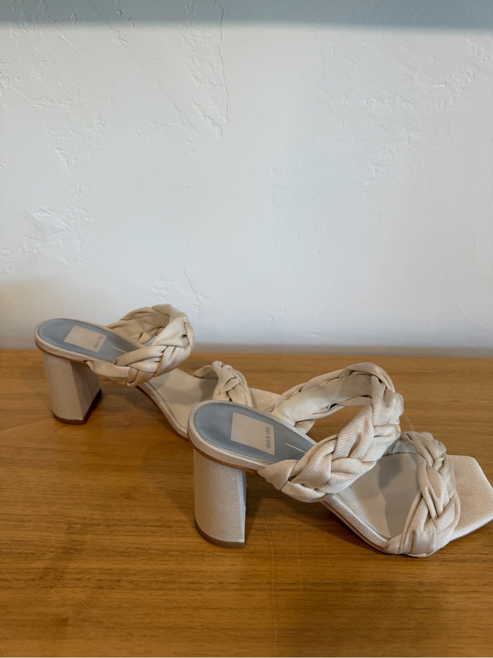 Braided Strap Satin Block Heel Sandals - Cream
